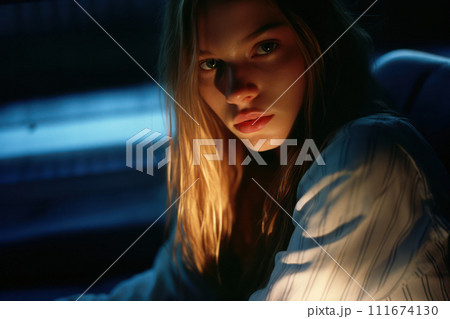 AI-generated content. Alone in the City: A Beautiful Young Woman Posing with a Sad Smile, Surrounded by Bright Lights and Urban Style, on a Dark Street with a White Flower in Her Hair 111674130