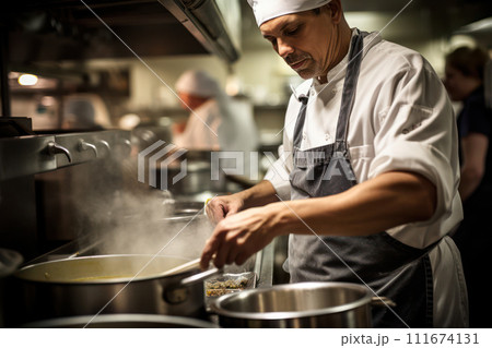 AI-generated content. Busy Caucasian Male Chef Cooking Delicious Gourmet Salad in Commercial Kitchen 111674131