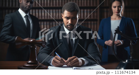 AI-generated content. Successful Caucasian Businessman and Team Working Together in Modern Office, Discussing Documents and Achieving Corporate Success 111674134