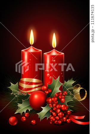 AI-generated content. Shimmering Flame: A Bright and Festive Christmas Candle in Red, Decorating an Ornamented Tree on a Shiny Winter Background 111674135