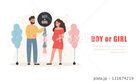Gender reveal party concept. Couple holding balloon with inscription Boy or girl. Family dreaming about of her future baby. Pregnant woman hugs her tummy. Baby shower. Cartoon vector illustration 111674219
