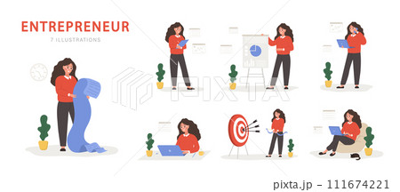 Set of female entrepreneurs. Successful women in various scenes. Modern office worker or business expert. Vector illustration in flat cartoon style 111674221
