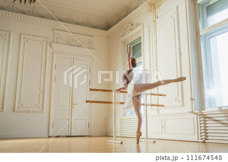 Young ballerina in tutu skirt stretching practicing ballet positions near ballet barre in dance class. Young classical dancer woman in dance studio. Ballet class training. Ballet school concept 111674548