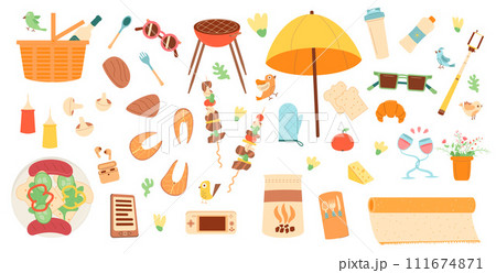 Bbq element set. Grill and kebab elements isolated on white background. Summer picnic day meal in park or backyard. Vector flat illustration 111674871