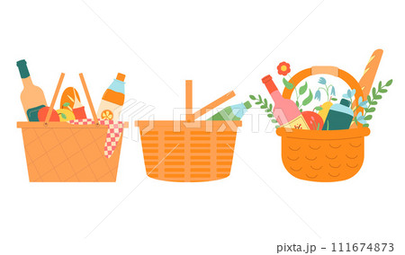 Picnic baskets set isolated on white background. Cookout food and wine. Summer outdoor holiday activity elements. Vector flat illustration 111674873