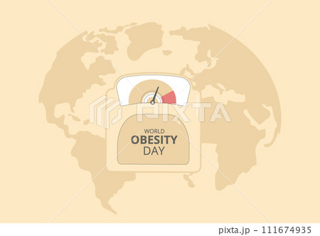 World obesity day banner template. Bathroom scale with overweight indicator on map background. Vector flat illustration 111674935