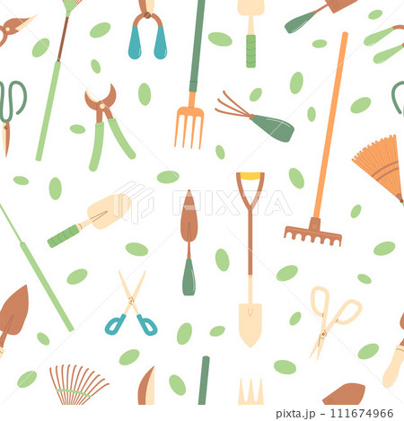 Gardening tools seamless pattern. Spring horticulture endless background. planting and work in backyard cover. Vector flat illustration 111674966
