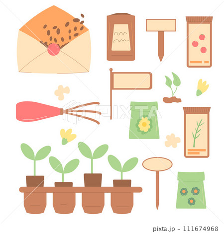 Gardening tools for seeding. Spring horticulture items. Planting flowers and vegetables at home. Vector flat illustration Gardening tools for seeding. Spring horticulture items. Planting flowers and vegetables at home. Vector flat illustration 111674968