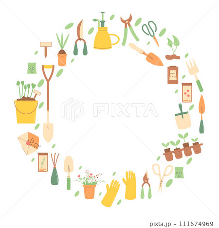 Gardening tools round frame set isolated on white background. Spring horticulture equipment in circle shape. Planting and work in backyard cover. Seeds, shovel and other items. Vector illustration Gardening tools round frame set isolated on white background. Spring horticulture equipment in circle shape. Planting and work in backyard cover. Seeds, shovel and other items. Vector illustration 111674969