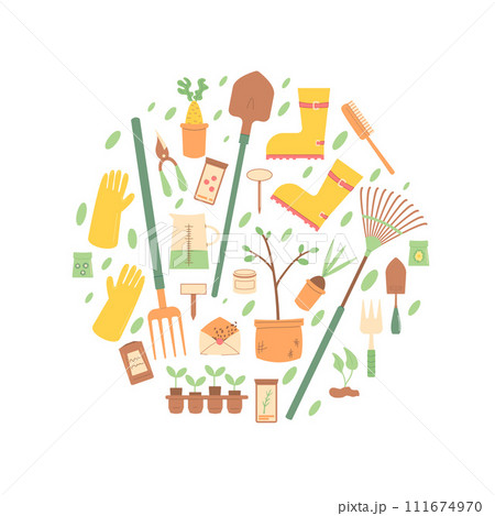 Gardening tools circle composition set isolated on white background. Spring horticulture equipment in round shape. Planting and work in backyard cover. Seeds, shovel and broom. Vector flat 111674970