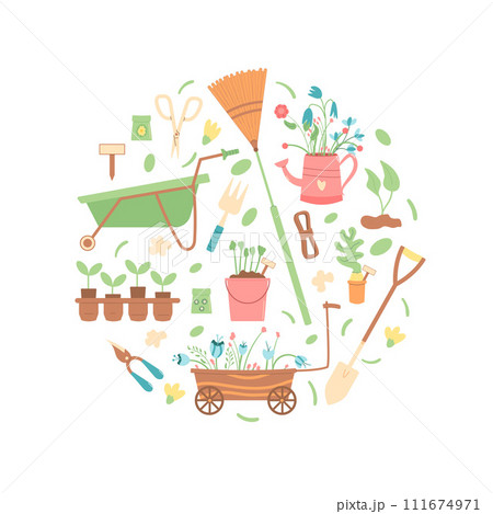 Gardening tools circle composition set isolated on white background. Spring horticulture equipment in round shape. Planting and work in backyard cover. Seeds, shovel and broom. Vector flat 111674971