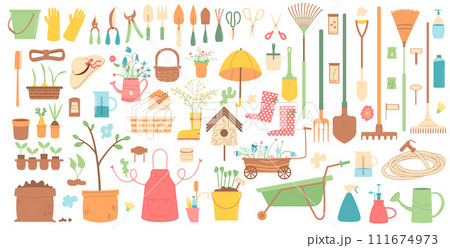 Gardening tools set isolated on white background. Spring horticulture equipment. Planting and work in backyard cover. Seeds, shovel and other items. Vector flat illustration Gardening tools set isolated on white background. Spring horticulture equipment. Planting and work in backyard cover. Seeds, shovel and other items. Vector flat illustration 111674973