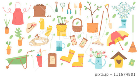 Gardening set isolated on white background. Spring horticulture equipment tools. Vector flat illustration Gardening set isolated on white background. Spring horticulture equipment tools. Vector flat illustration 111674981