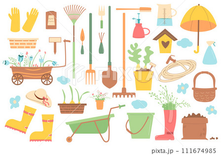 Gardening tools square banner set. Agriculture seasonal elements composition. Spring horticulture equipment. Planting and work in backyard. Seeds, shovel and sample, pot. Vector flat illustration 111674985