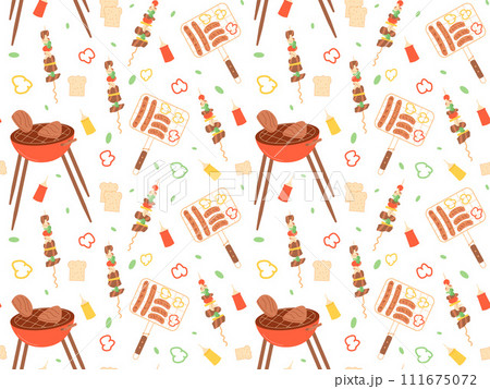 Picnic seamless pattern. Basket with wine and food endless background. BBQ grill cover. Vector flat illustration 111675072