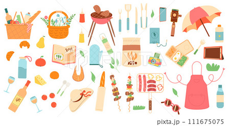 Spring picnic set. Grill, basket with food, hat and gadgets. Summer outdoor holiday activity elements isolated on white background. Weekend bbq meal in park. Vector flat illustration Spring picnic set. Grill, basket with food, hat and gadgets. Summer outdoor holiday activity elements isolated on white background. Weekend bbq meal in park. Vector flat illustration 111675075