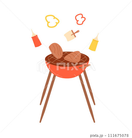 Grill bbq isolated on white background. Mangal brazier barbecue with meat and ketchup element Summer outdoor cookout. Vector flat illustration 111675078