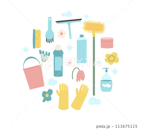 Spring cleaning circle composition isolated on white background Wash home tools set in round shape. Vector illustration Spring cleaning circle composition isolated on white background Wash home tools set in round shape. Vector illustration 111675115