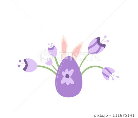 Easter egg with bunny ears and flowers isolated on white background. Painted violet holiday symbol. Vector flat illustration 111675141