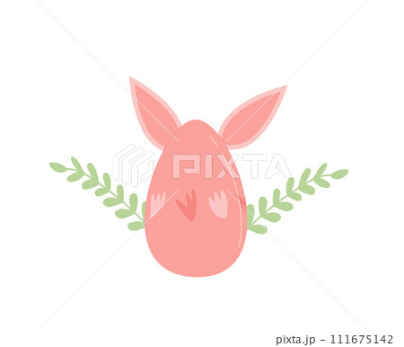 Easter egg with bunny ears and flowers isolated on white background. Painted holiday symbol. Vector flat illustration 111675142