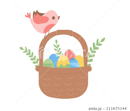 Basket full of eggs isolated on white background. Easter egg hunt. Vector flat illustration Basket full of eggs isolated on white background. Easter egg hunt. Vector flat illustration 111675144