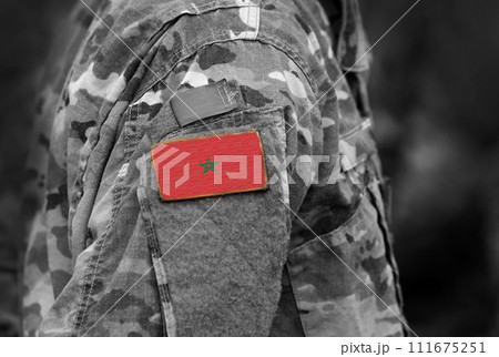 Morocco flag on military uniform. Army, troops, Africa (collage). Morocco flag on military uniform. Army, troops, Africa (collage). 111675251