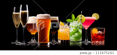 Set and collection of classic alcohol cocktails or mocktail isolated on black background with fresh summer fruits Set and collection of classic alcohol cocktails or mocktail isolated on black background with fresh summer fruits 111675281