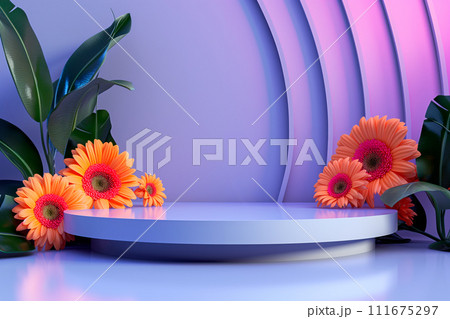 3d render, abstract minimal scene with geometrical forms, podiums, palm leaves, flowers on a purple background. 111675297