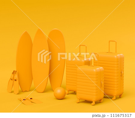Suitcase with beach ball and surf board on monochrome background. Suitcase with beach ball and surf board on monochrome background. 111675317