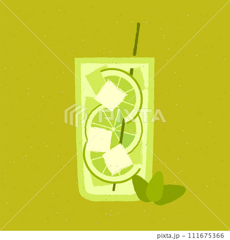 Green cocktail with lime, mint and ice cubes. Mojito in high glass. Soda water 111675366
