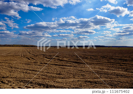 A barren landscape with ploughed earth and cloudy skies. 111675402