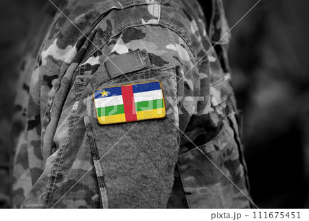 Flag of Central African Republic on soldiers arm (collage). 111675451