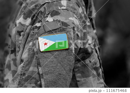 Flag of Djibouti on soldiers arm. Army, troops, military, Africa (collage). 111675468
