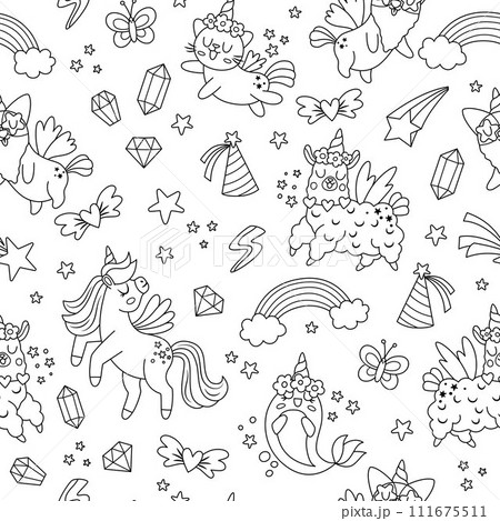 Vector black and white unicorns seamless pattern. Repeat background with fairytale characters, animals with horn, rainbow, falling star, crystal. Fantasy world digital paper with funny llama, cat, Vector black and white unicorns seamless pattern. Repeat background with fairytale characters, animals with horn, rainbow, falling star, crystal. Fantasy world digital paper with funny llama, cat, 111675511