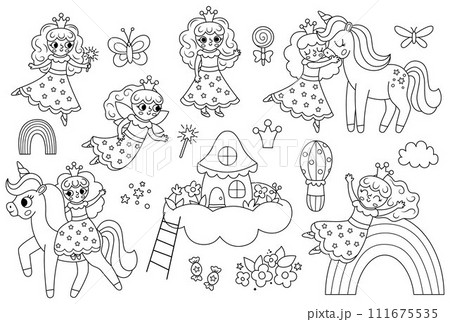 Vector black and white fairy set. Fantasy line sorceress with magic wand, crown, unicorn, rainbow, house on cloud. Fairytale line character collection. Cartoon magic princess coloring page 111675535