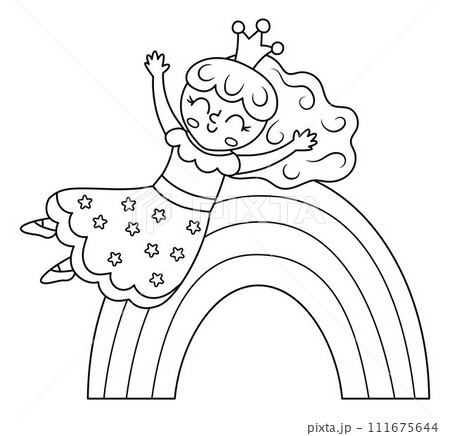 Vector black and white fairy icon. Fantasy sorceress with crown sliding down the rainbow with hands up. Fairytale line character in dress with stars. Cartoon magic princess outline picture coloring Vector black and white fairy icon. Fantasy sorceress with crown sliding down the rainbow with hands up. Fairytale line character in dress with stars. Cartoon magic princess outline picture coloring 111675644
