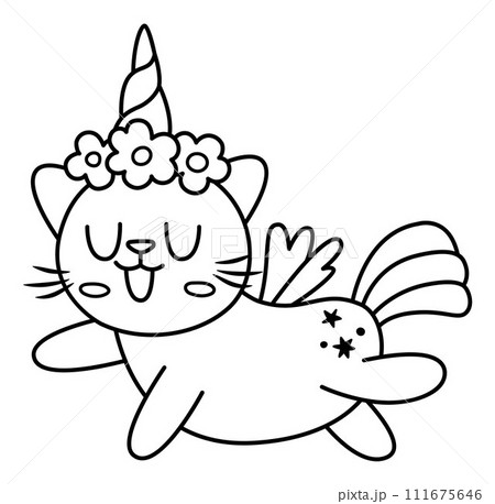 Vector black and white happy cat unicorn. Fantasy line animal with rainbow horn, tail, flowers on head, wings, stars. Fairytale character for kids. Cartoon magic creature icon or coloring page Vector black and white happy cat unicorn. Fantasy line animal with rainbow horn, tail, flowers on head, wings, stars. Fairytale character for kids. Cartoon magic creature icon or coloring page 111675646