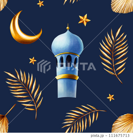 Watercolor seamless pattern with golden pampas grass, date palm branches, minaret, crescent moon, star illustration isolated on background. Botanical and wedding and Ramadan Kareem or Eid Al Adha 2024 Watercolor seamless pattern with golden pampas grass, date palm branches, minaret, crescent moon, star illustration isolated on background. Botanical and wedding and Ramadan Kareem or Eid Al Adha 2024 111675713