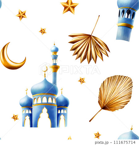 Watercolor seamless pattern with Islamic mosque and minaret, golden pampas grass, date palm branch, moon and stars illustrations isolated on background. Botanical, wedding and Ramadan Kareem or Eid Al Watercolor seamless pattern with Islamic mosque and minaret, golden pampas grass, date palm branch, moon and stars illustrations isolated on background. Botanical, wedding and Ramadan Kareem or Eid Al 111675714