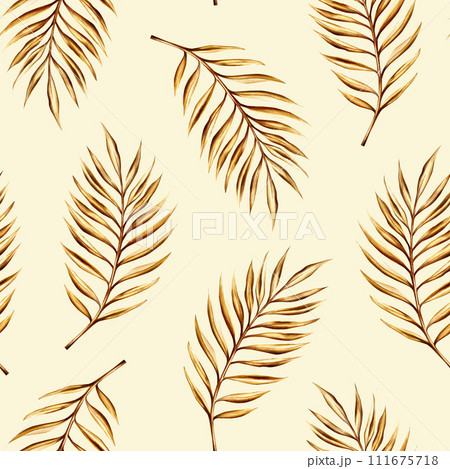Watercolor seamless pattern with golden date palm branch illustration isolated on white background. Botanical and wedding and Ramadan Kareem or Eid Al Adha 2024 hand drawn decor. For designers, prints Watercolor seamless pattern with golden date palm branch illustration isolated on white background. Botanical and wedding and Ramadan Kareem or Eid Al Adha 2024 hand drawn decor. For designers, prints 111675718
