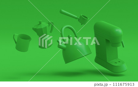 Espresso coffee machine with horn, kettle and geyser coffee maker on monochrome 111675913