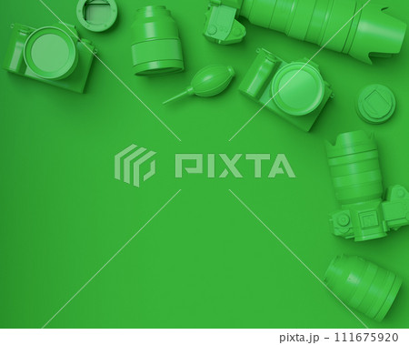 Top view of designer workspace and photography gear on monochrome table Top view of designer workspace and photography gear on monochrome table 111675920