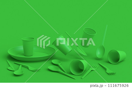 Set of disposable utensils like plate, folk, spoon,knife, cup and pepper mill Set of disposable utensils like plate, folk, spoon,knife, cup and pepper mill 111675926