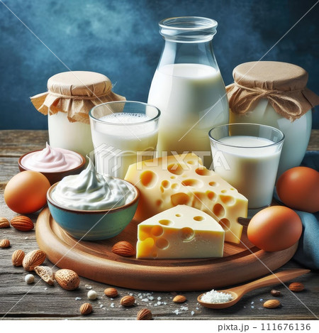 Different milk products: cheese, cream, milk, yoghurt. On a blue background. Different milk products: cheese, cream, milk, yoghurt. On a blue background. 111676136