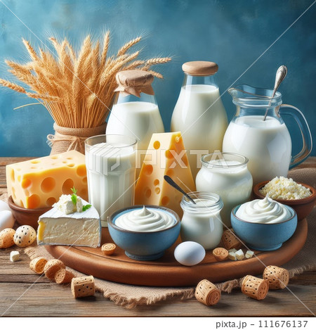 Different milk products: cheese, cream, milk, yoghurt. On a blue background. Different milk products: cheese, cream, milk, yoghurt. On a blue background. 111676137