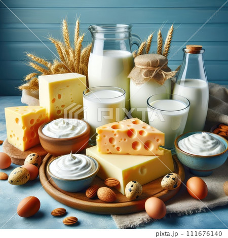 Different milk products: cheese, cream, milk, yoghurt. On a blue background. Different milk products: cheese, cream, milk, yoghurt. On a blue background. 111676140