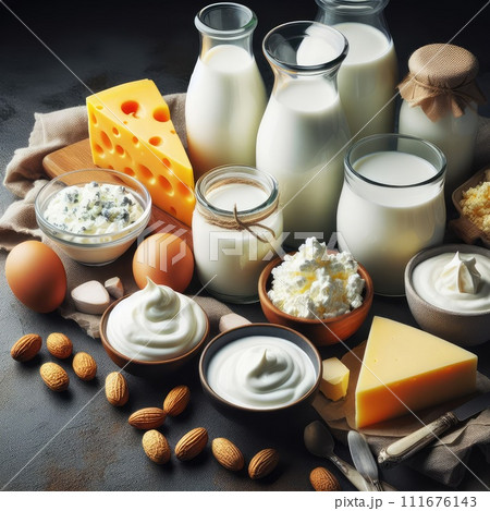 Different milk products: cheese, cream, milk, yoghurt. On a blue background. Different milk products: cheese, cream, milk, yoghurt. On a blue background. 111676143