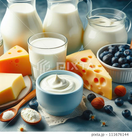 Different milk products: cheese, cream, milk, yoghurt. On a blue background. 111676144