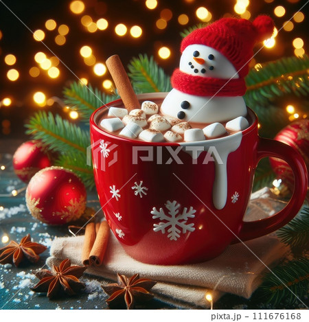 Red mug with hot chocolate with melted marshmallow snowman Red mug with hot chocolate with melted marshmallow snowman 111676168