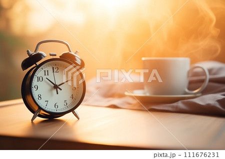 Cup of hot tea and alarm clock on the table in sunny room. AI Generative Cup of hot tea and alarm clock on the table in sunny room. AI Generative 111676231